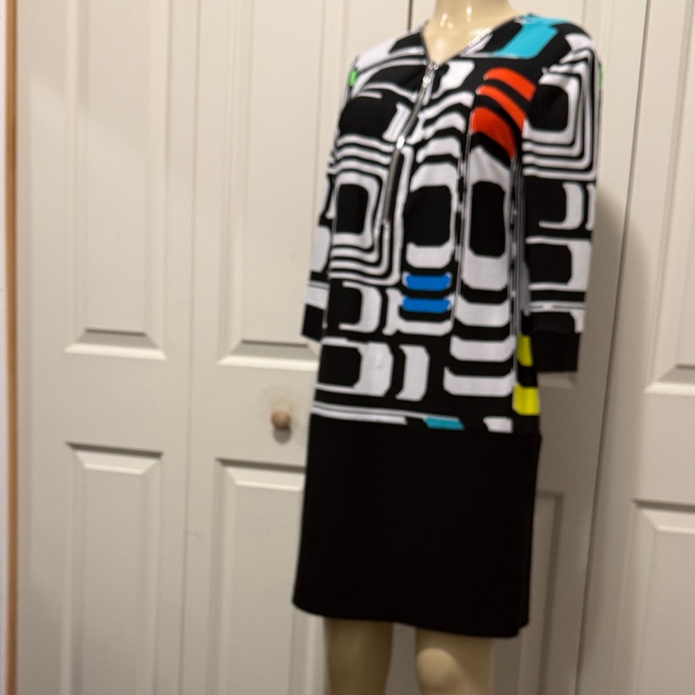 Joseph Ribkoff Black and White Geometric Dress with Multicolor Accents